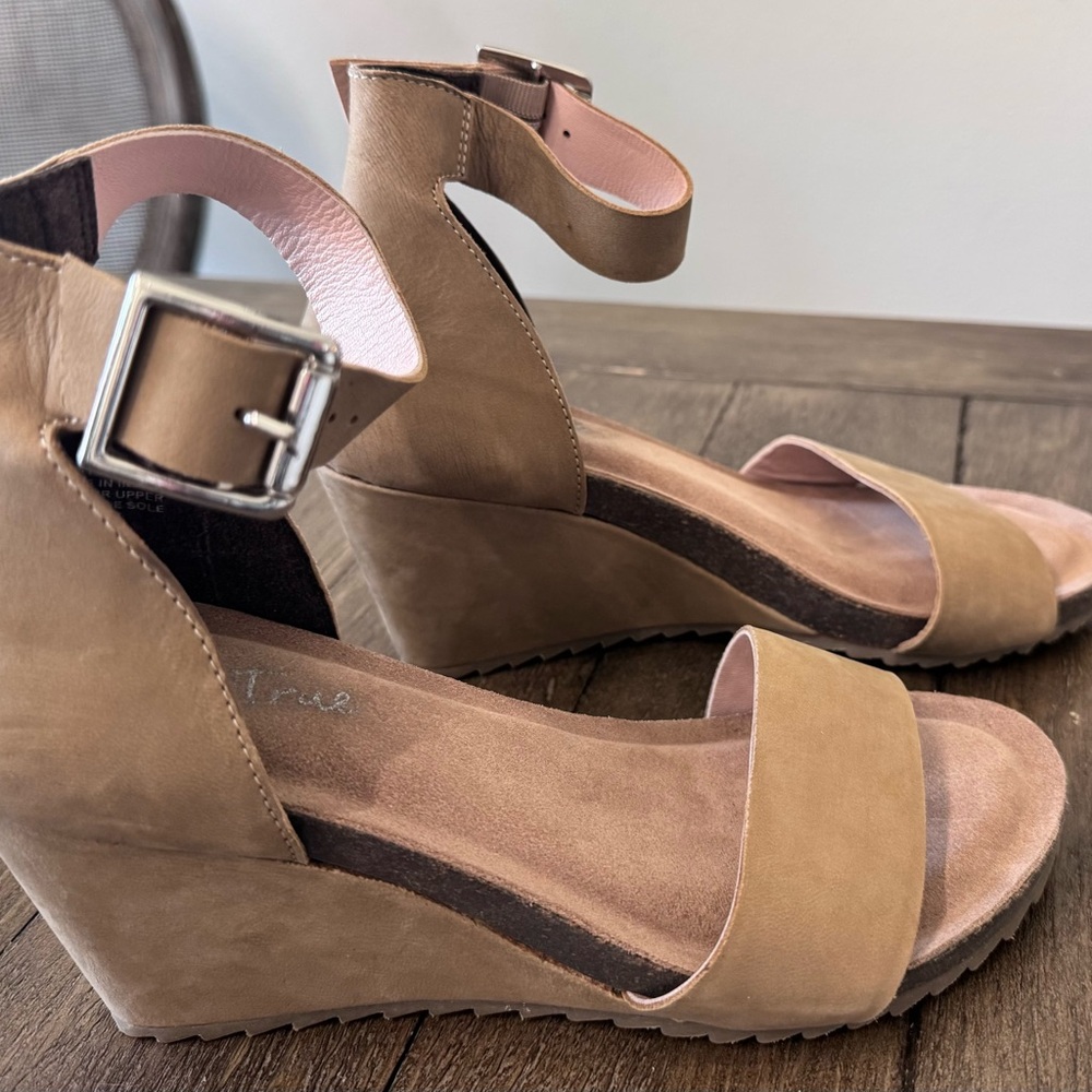DIBA True Wedge Ankle-Strap Sandals in Tan